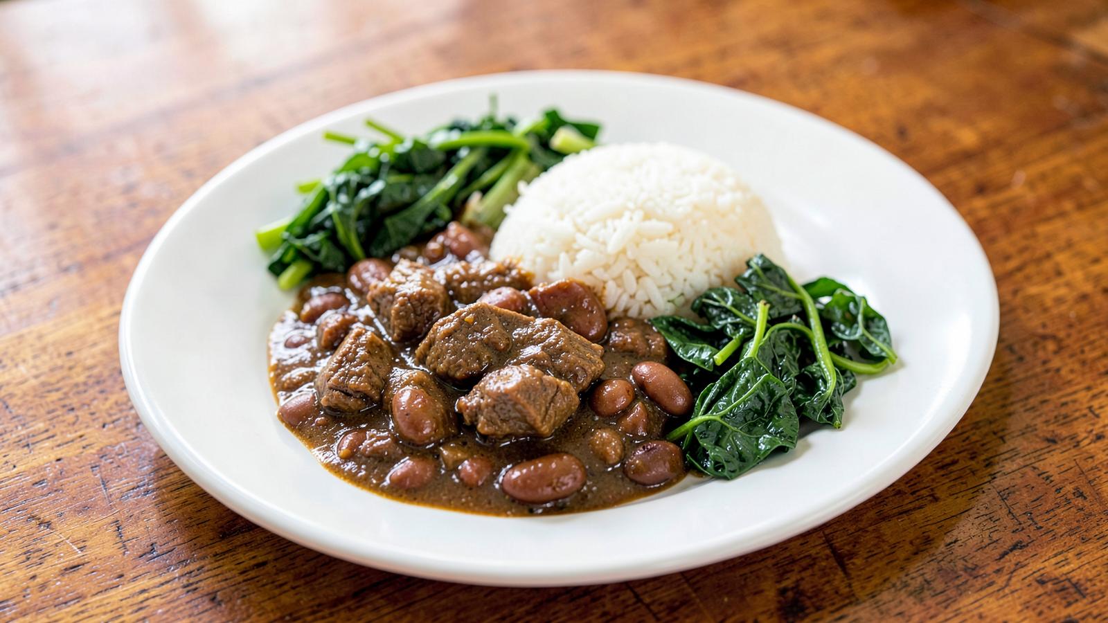Wali na nyama ya ng'ombe pamoja na mboga za majani